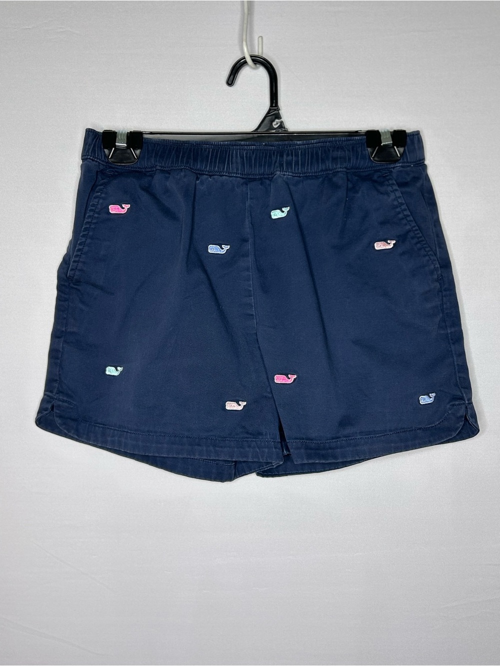 Vineyard Vines Girls Navy Shorts with Multicolor Whale Embroidery